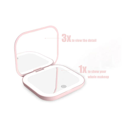 Compact Mini Gift Vanity Folding Cosmetic Mirror with Lights Portable Hand Held Small Pocket Travel Makeup Mirror 2X Magnifying