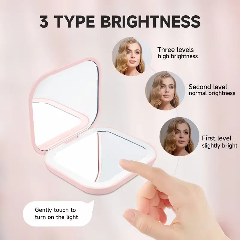 Compact Mini Gift Vanity Folding Cosmetic Mirror with Lights Portable Hand Held Small Pocket Travel Makeup Mirror 2X Magnifying