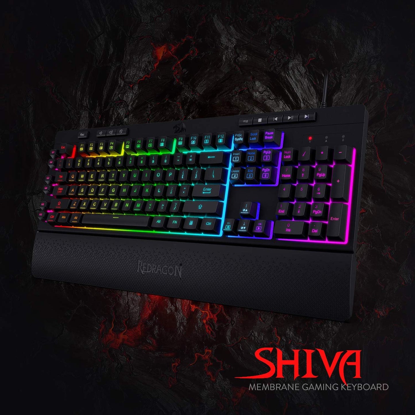 K512 Shiva RGB Backlit Membrane Gaming Keyboard with Multimedia Keys, Quiet Mechanical Feeling Keyboard, 6 Extra On-Board Macro Keys, Dedicated Media Control, Detachable Wrist Rest